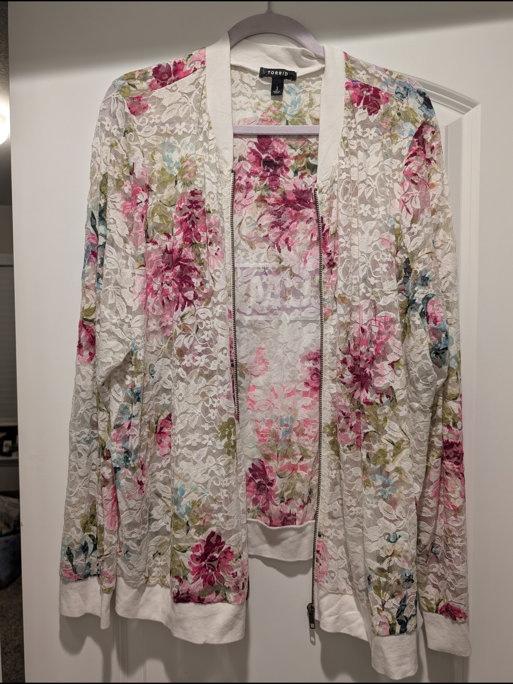 Torrid White Floral Lace Zip-Up Sweater